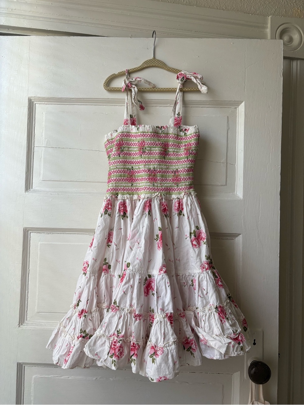 White & Pink Floral Smocked Mini Dress with Tie Straps